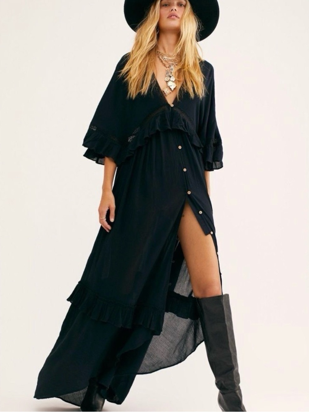 Free People Black Boho Maxi Dress with Ruffle Details